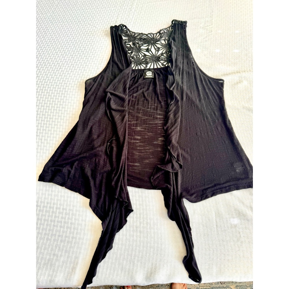 Bobeau Black Crochet Lace Back Cardigan Vest Sleeveless Boho Slub Knit XL